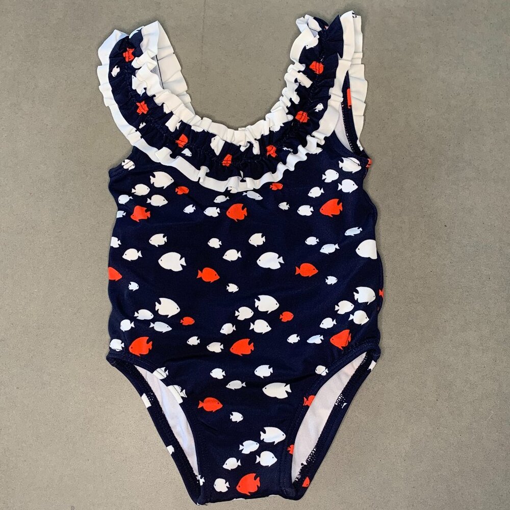 Janie and Jack Navy Fish Print Ruffle One-Piece Swimsuit 6–12M